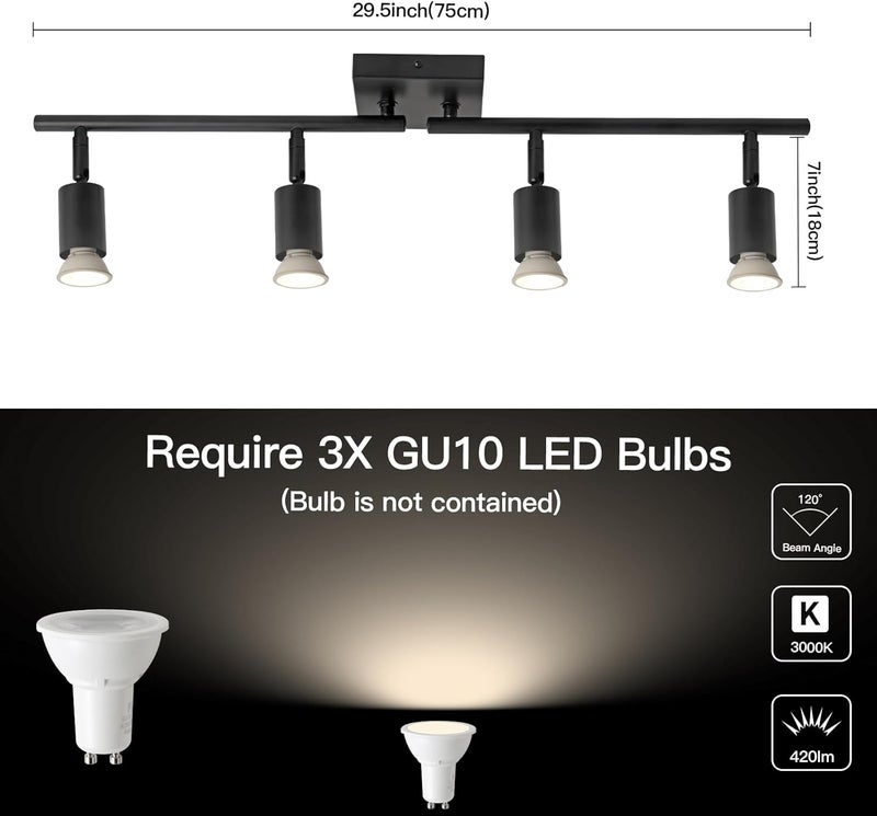 SEEBLEN 4-Light LED Track Lighting Kit, Black Modern Directional Ceiling Light Fixture with Rotatable Heads for Kitchen, Dining Room, Bedroom, Hallway - Image 2